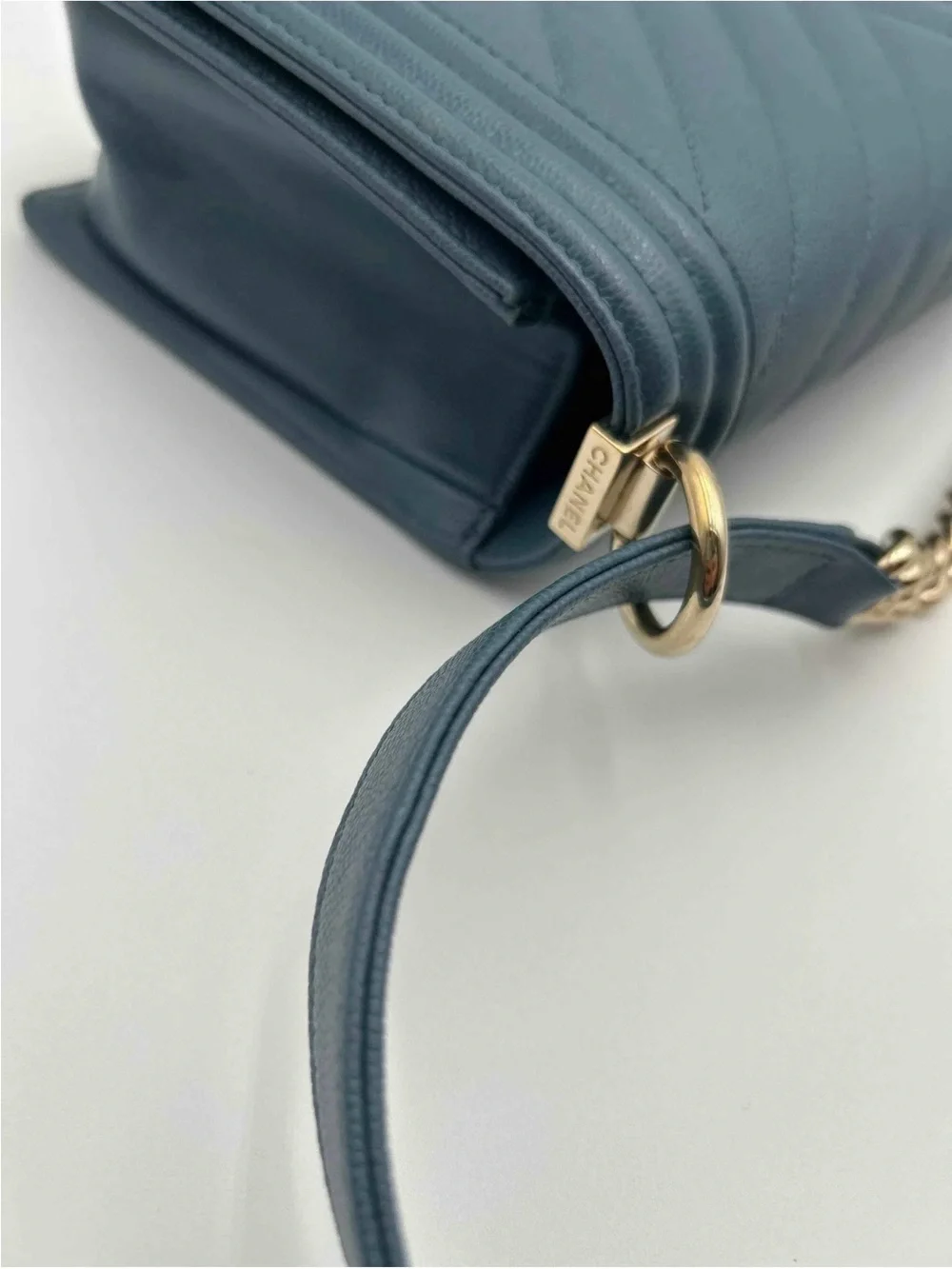 CHANEL Teal Chevron Shoulder Bag with Gold Chain